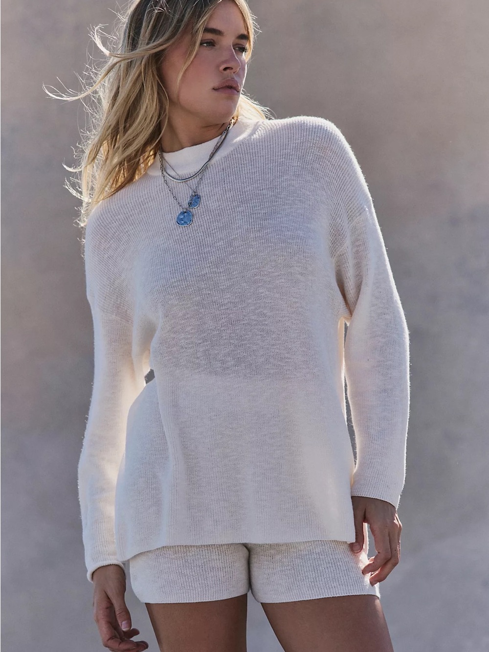 Free People Cream Lightweight Crewneck Sweater Set.